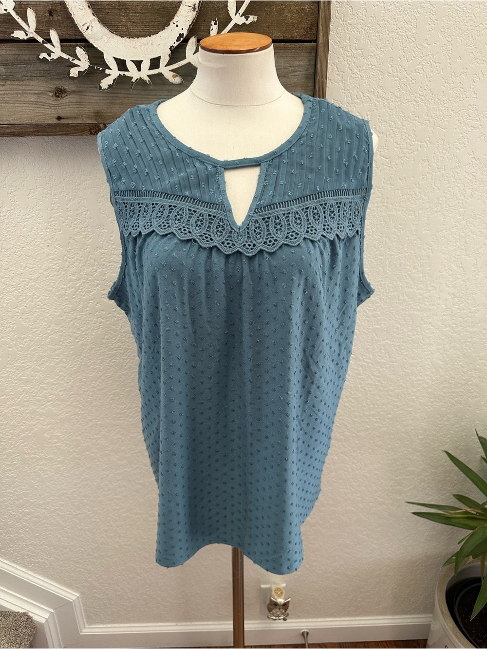 Stitch Fix Nayla Daniel Rainn Sleeveless Lace Trim Blue Swiss Dot knit Top XL